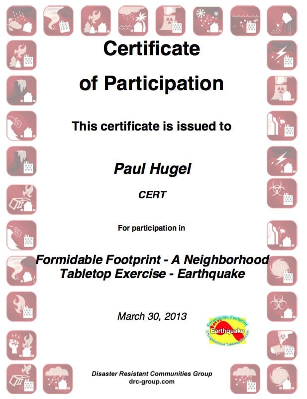 Formidable Footprint certificate of completion Earthquake 03302013 Paul G. Hugel