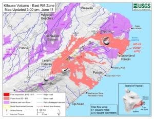 Kīlauea lower East Rift Zone lava flows and fissures, June 11, 3:00 p.m. HST