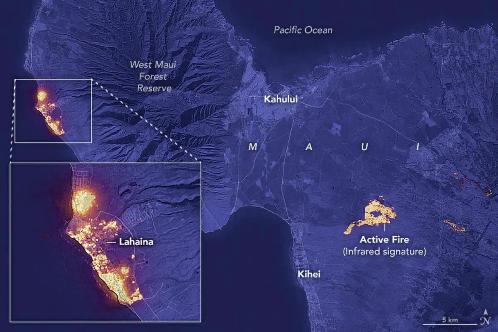 The image above shows the signature of the fire at 10:25 p.m. local time on August 8, 2023, as observed by the Operational Land Imager (OLI) on the Landsat 8 satellite.