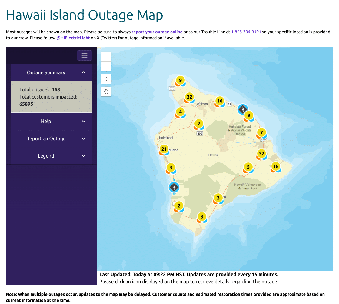 Hawaii Island Outage Map showing 168 total outages affecting 65,895 customers, with clustered outage markers distributed around the island coastline