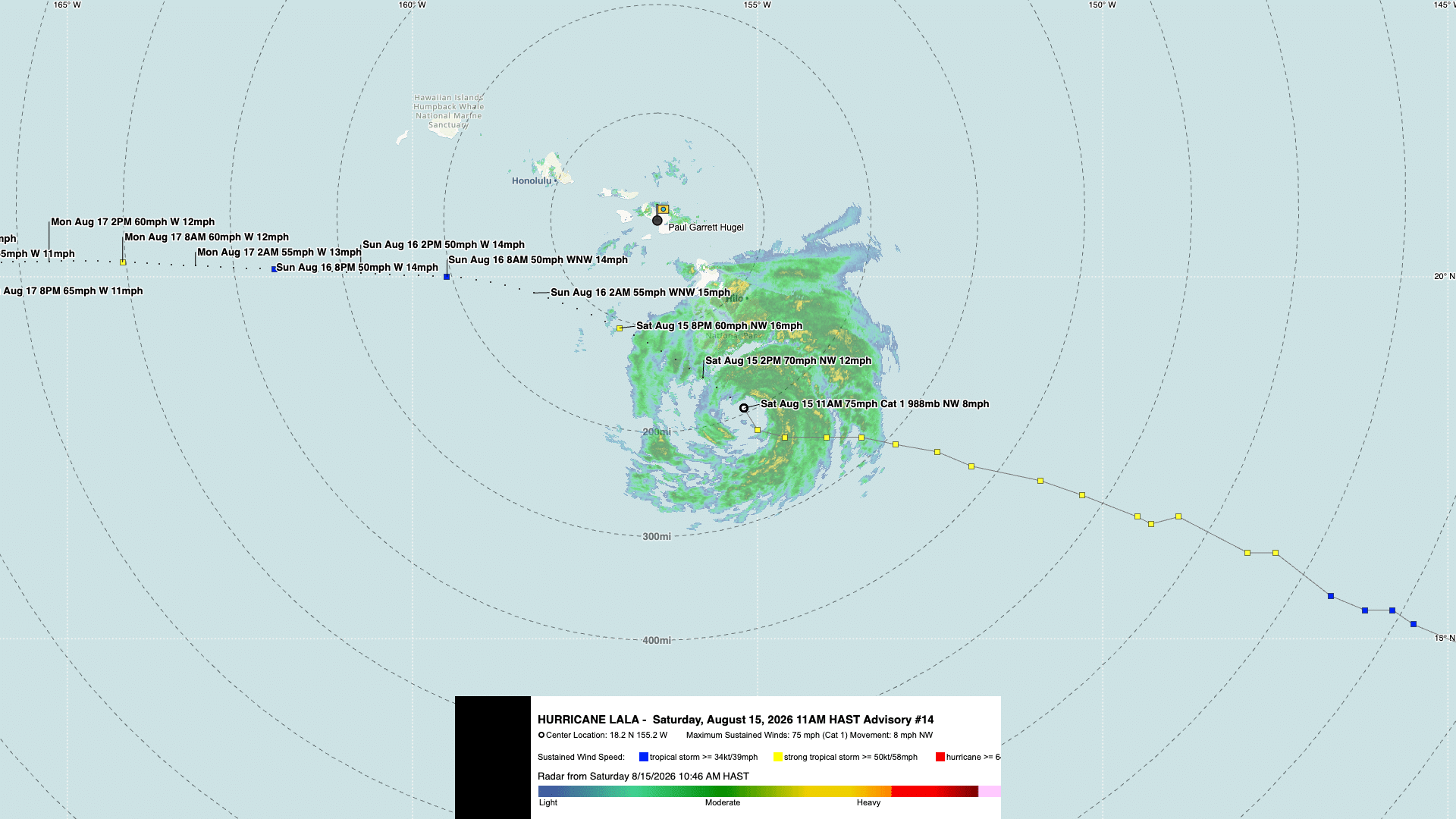 Hurricane Lala track map, Advisory #14, August 15 2026 11AM HAST: Category 1 near Hawaii with 75 mph winds, moving NW at 8 mph