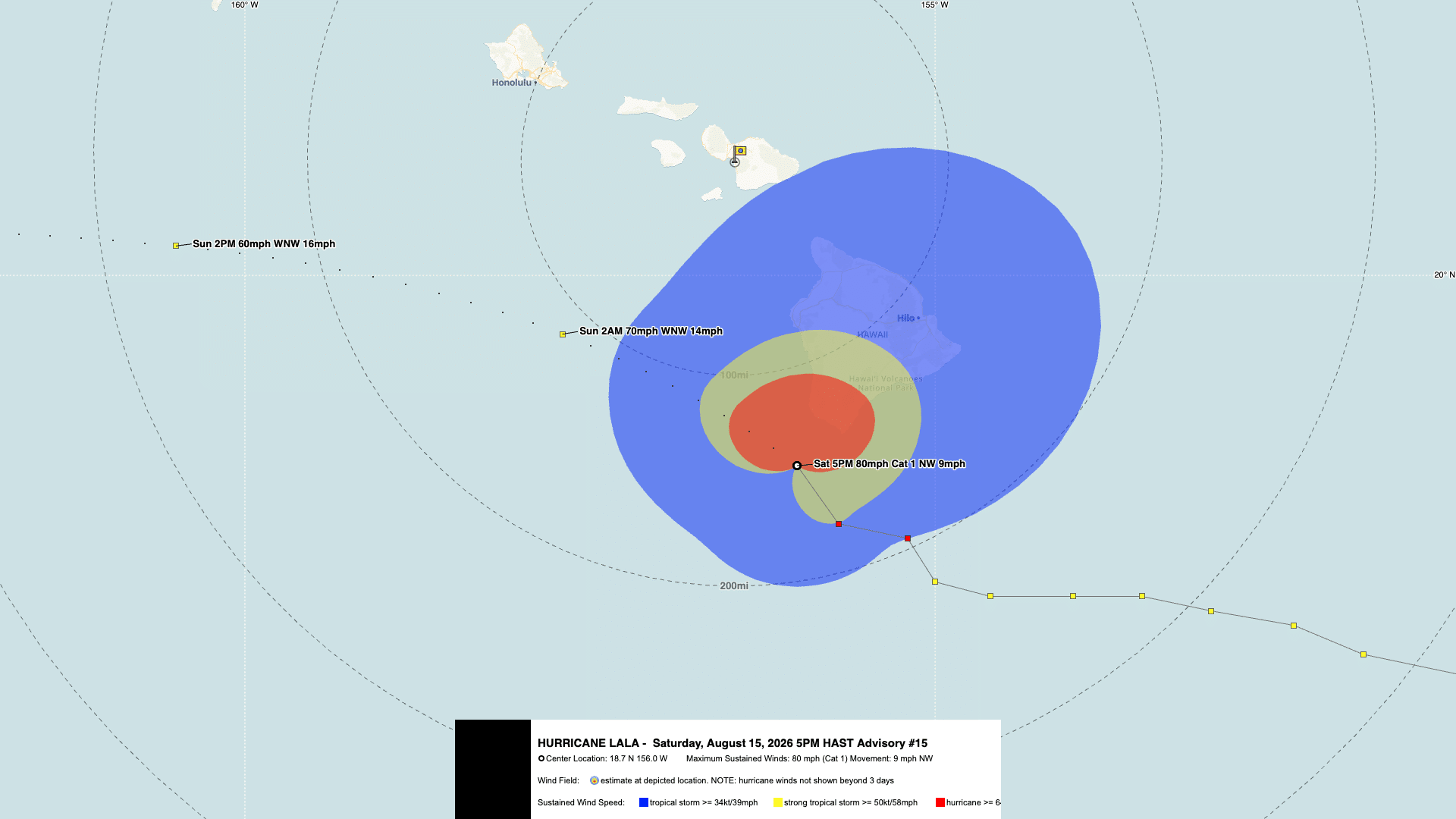 Hurricane Lala advisory map showing the storm at Category 1 near Hawaii on August 15, 2026, with 80 mph winds moving NW at 9 mph