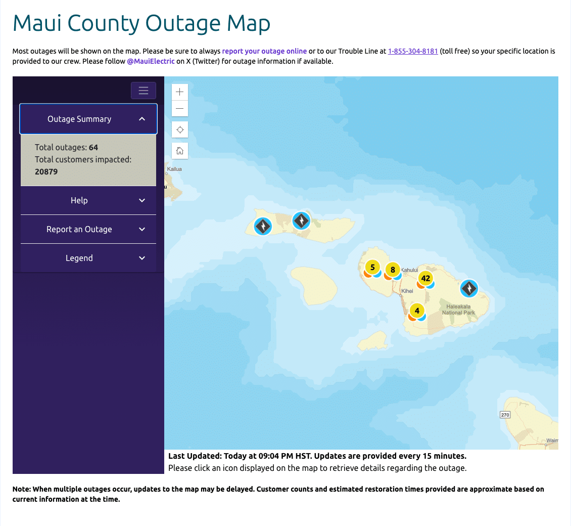 Maui County Outage Map showing 64 total outages affecting 20,879 customers, with clustered outage icons across Maui island