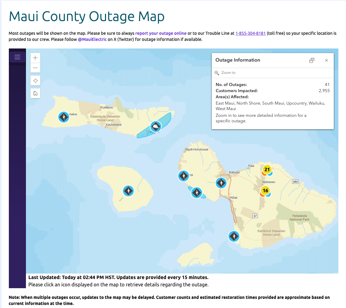Maui County Outage Map showing 41 outages affecting 2,955 customers across East Maui, North Shore, South Maui, Upcountry, Wailuku, and West Maui