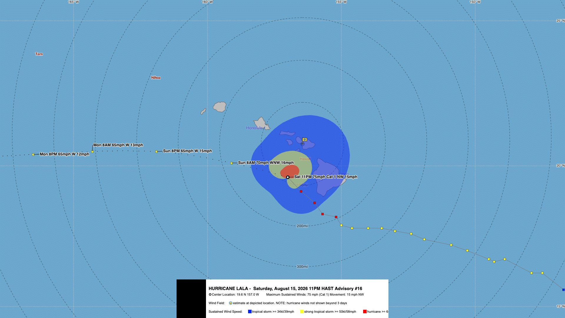 Hurricane Lala Advisory #16 track map showing Cat 1 storm near Hawaii at 75 mph, moving NW 15 mph, Saturday August 15, 2026 11PM HAST