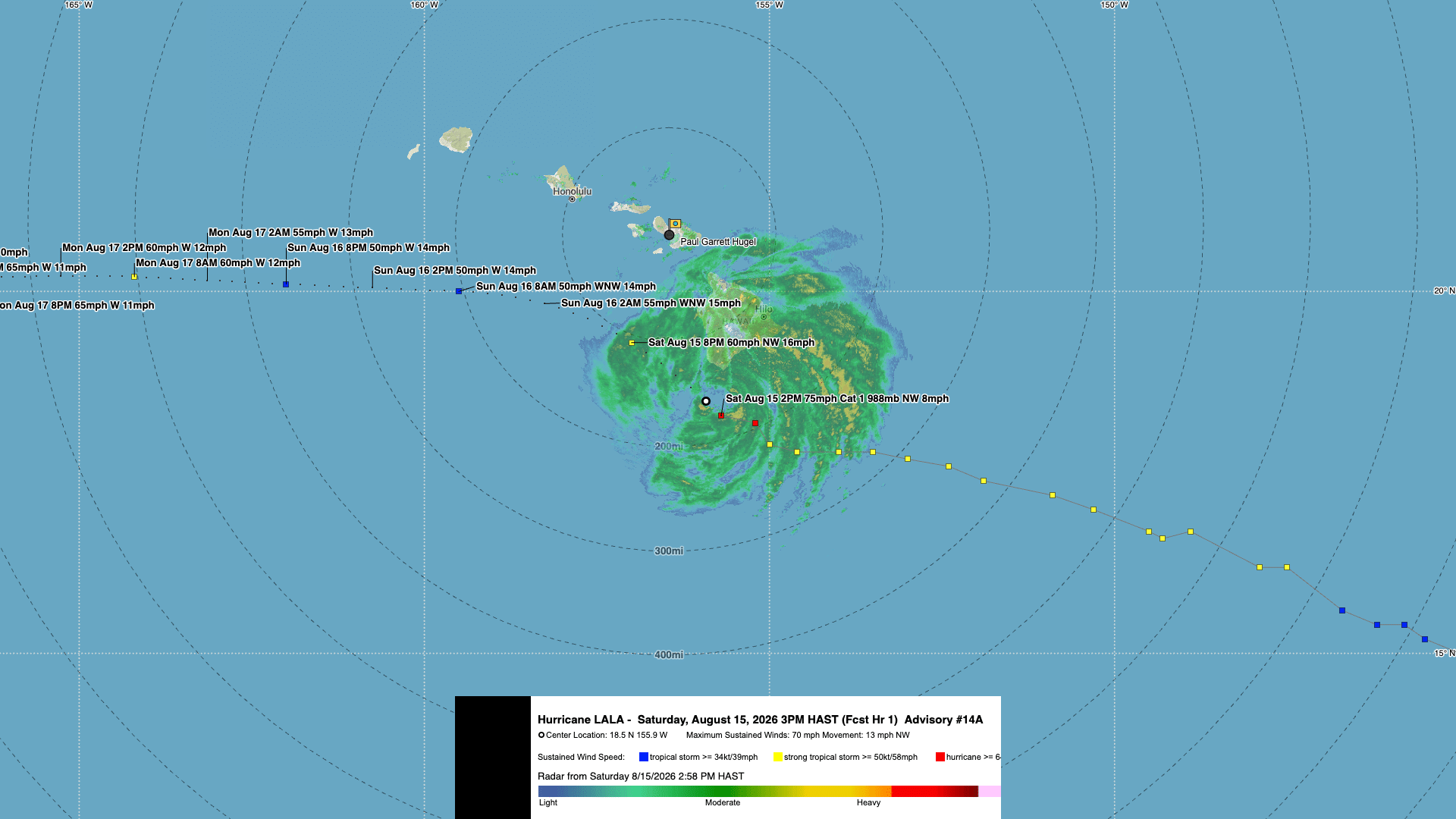 Hurricane LALA Advisory 14A radar map showing the storm near the Big Island of Hawaii on August 15, 2026, with 70 mph sustained winds moving NW toward Oahu