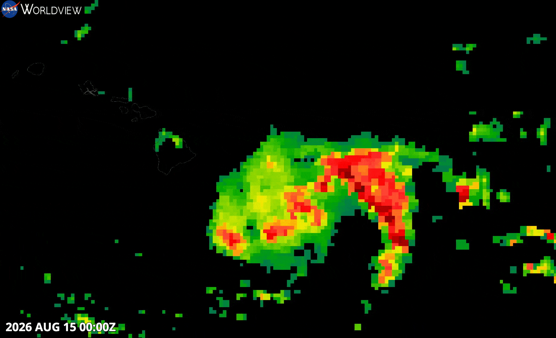 NASA Worldview satellite radar image showing a tropical storm system near Hawaii on August 15, 2026, with intense red and yellow precipitation cores southeast of the islands
